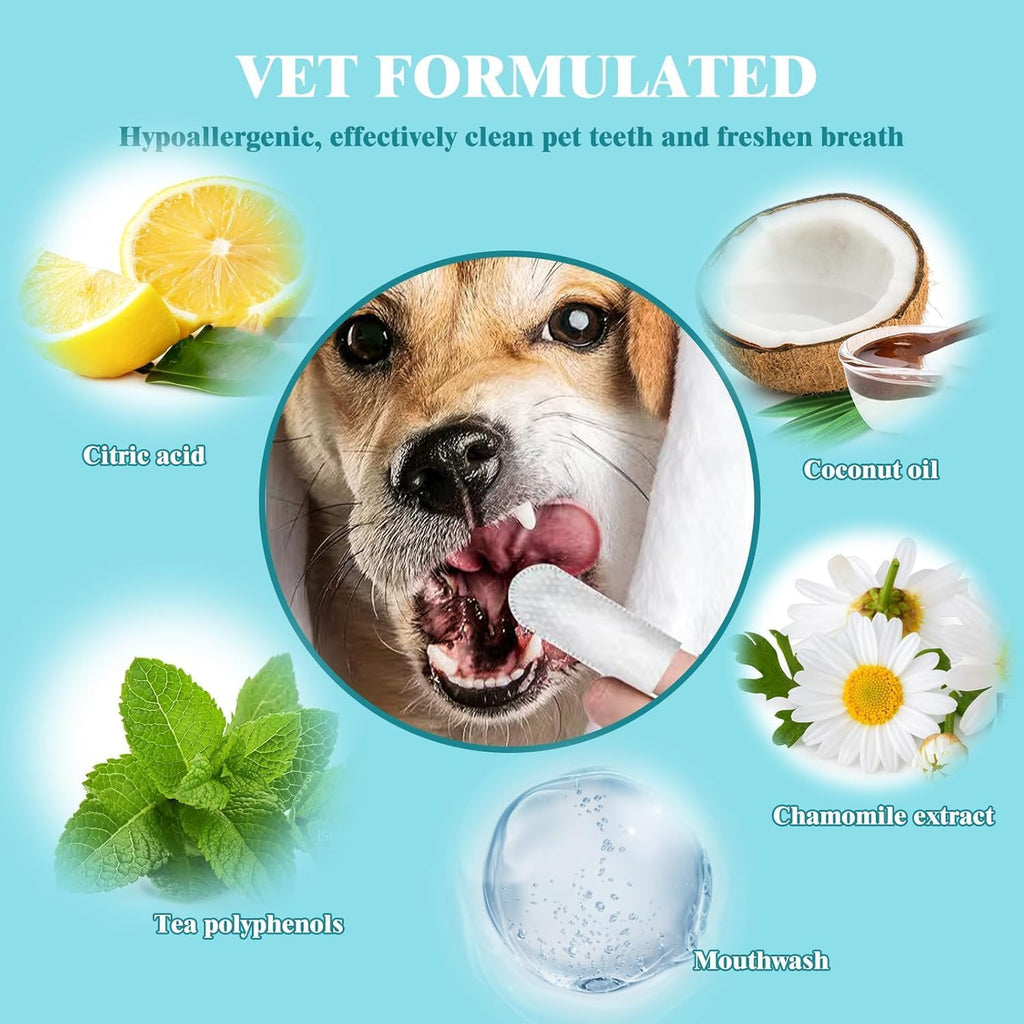 Pet Teeth Cleaning Finger Wipes | Plaque Removal & Fresh Breath | Gentle Gum Care | Disposable No-Rinse Dog & Cat Dental Wipes | 50 Count
