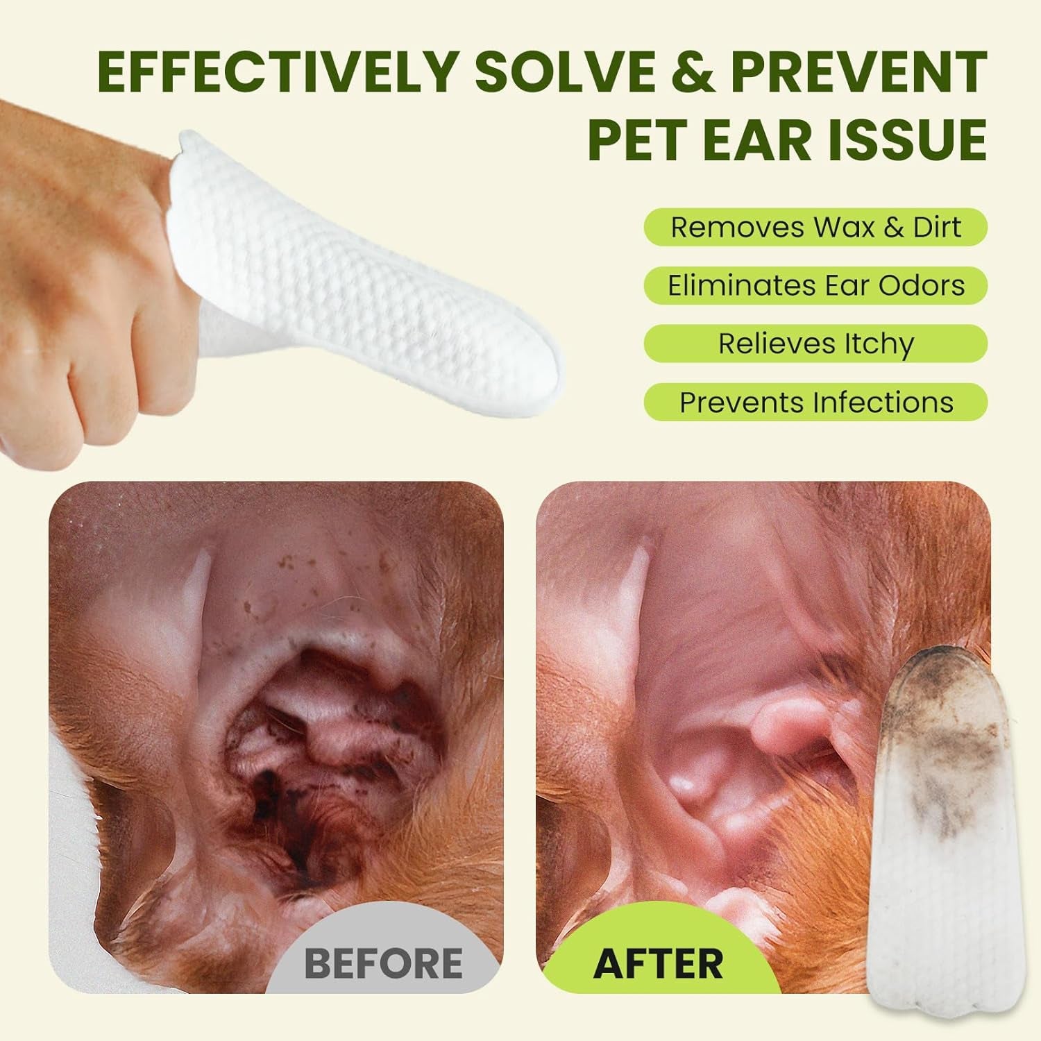 Pet Ear Cleaning Finger Wipes for Dogs & Cats | Thick Aloe Vera Ear Cleaner | Natural Deodorizing & Odour Relief | Grooming Wipes for Kittens & Small Animals | 50 Count