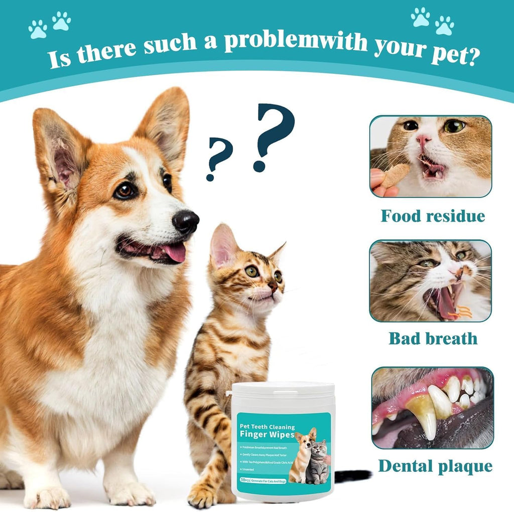 Pet Teeth Cleaning Finger Wipes | Plaque Removal & Fresh Breath | Gentle Gum Care | Disposable No-Rinse Dog & Cat Dental Wipes | 50 Count