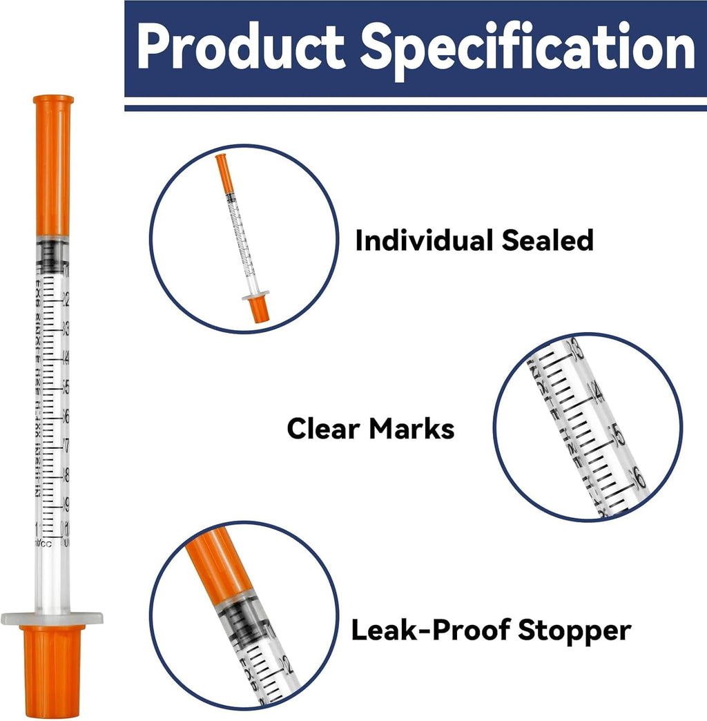 100-Pack 1ml Disposable Syringes with Needle | Individually Wrapped | For Pet Feeding, Oil, Ink & Glue Refilling | 30G 8mm Needle