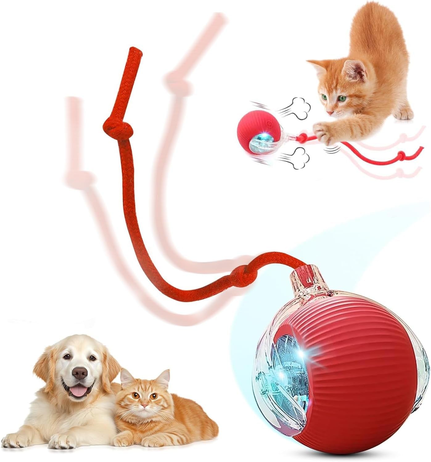 Interactive Electric Cat & Dog Toy Ball | Auto-Rolling Self-Moving Chase Teaser with Rope | USB Rechargeable | For Kittens, Cats & Puppies