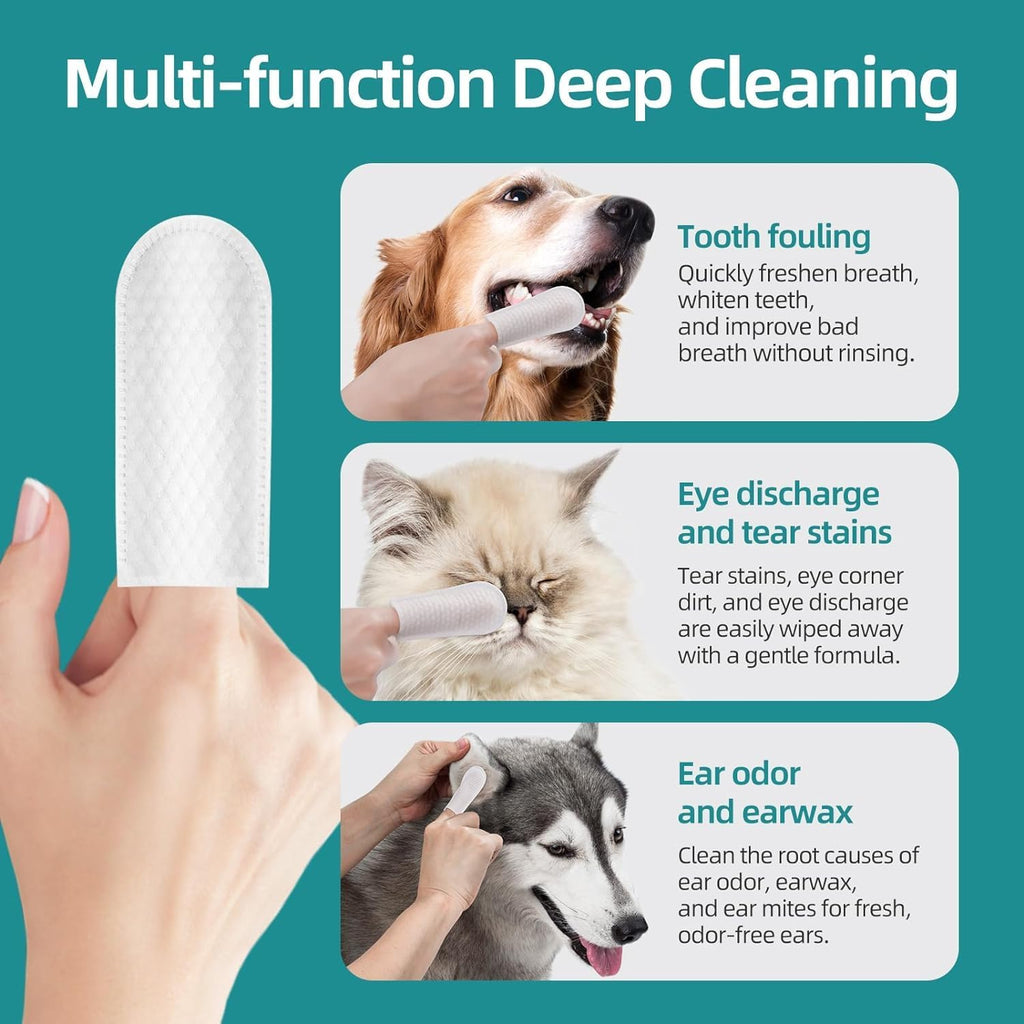 Pet Teeth Cleaning Finger Wipes | Plaque Removal & Fresh Breath | Gentle Gum Care | Disposable No-Rinse Dog & Cat Dental Wipes | 50 Count