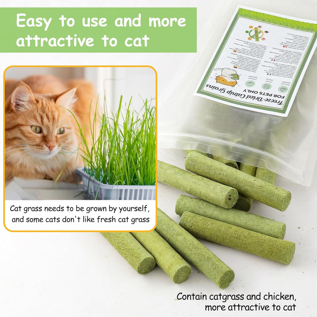 Freeze-Dried Cat Grass Stick Treats | Edible Dental Chew Toys for Cats & Kittens | Teeth Cleaning & Hairball Removal | 100g