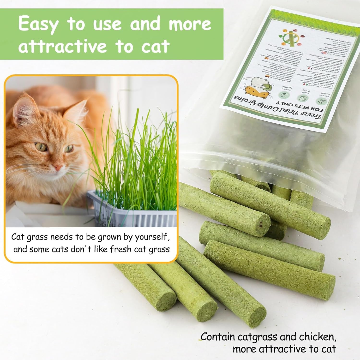 Freeze-Dried Cat Grass Stick Treats | Edible Dental Chew Toys for Cats & Kittens | Teeth Cleaning & Hairball Removal | 100g
