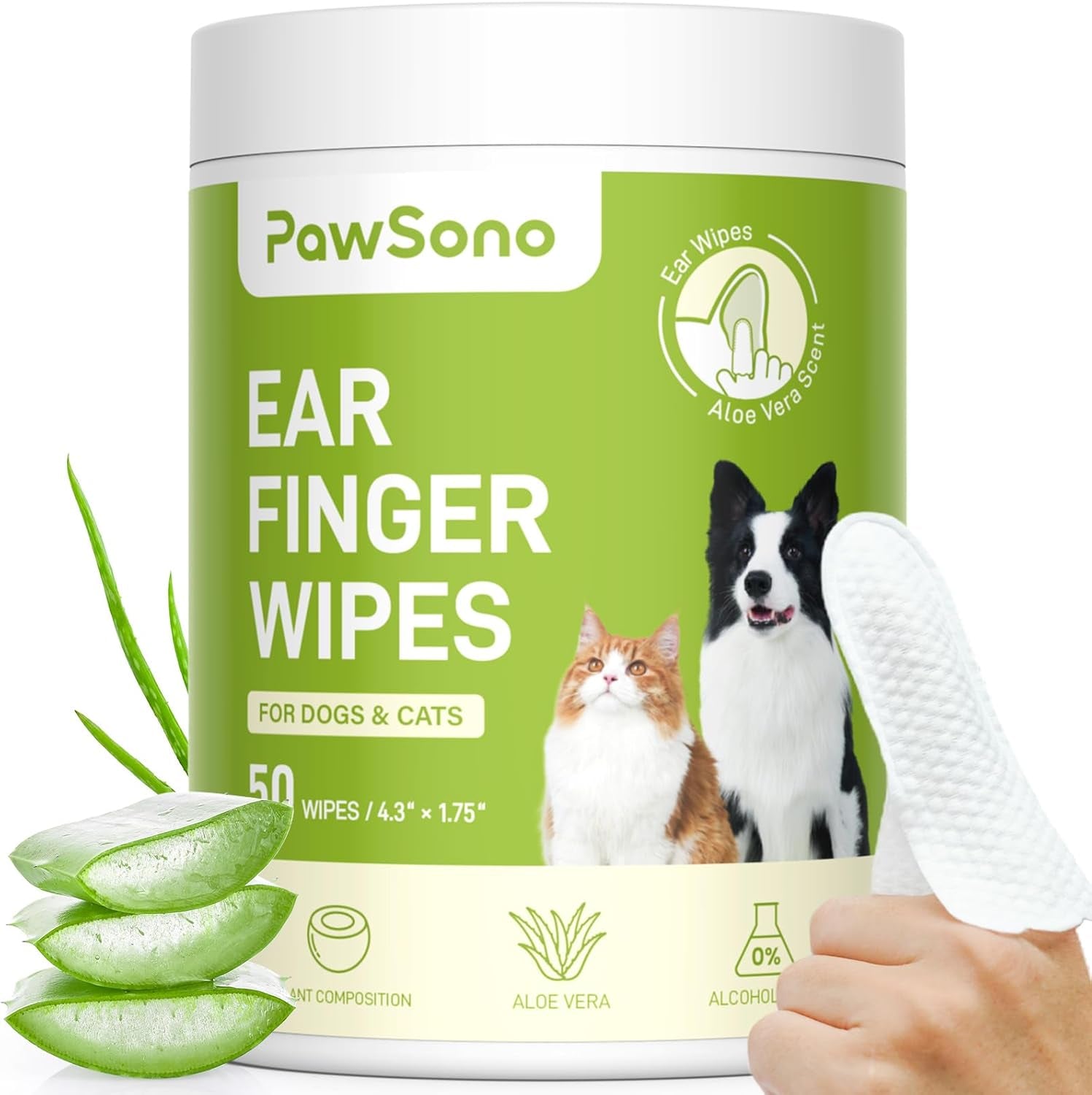 Pet Ear Cleaning Finger Wipes for Dogs & Cats | Thick Aloe Vera Ear Cleaner | Natural Deodorizing & Odour Relief | Grooming Wipes for Kittens & Small Animals | 50 Count