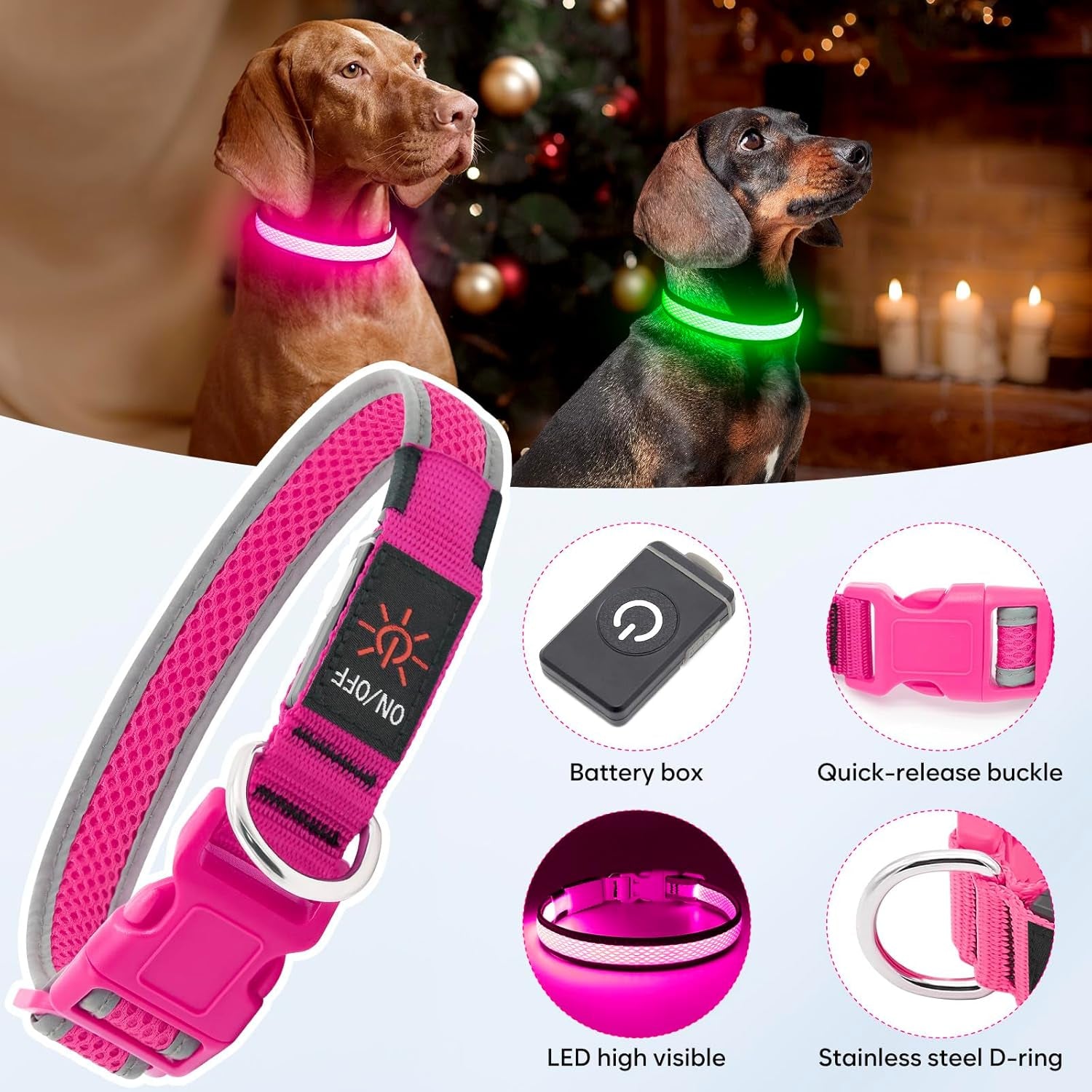 Higuard LED Light-Up Dog Collar | USB Rechargeable Glow Safety Collar | Nylon Webbing | Small, Medium & Large Dogs | 14"-20" (35.5-50.8cm) | Candy Pink
