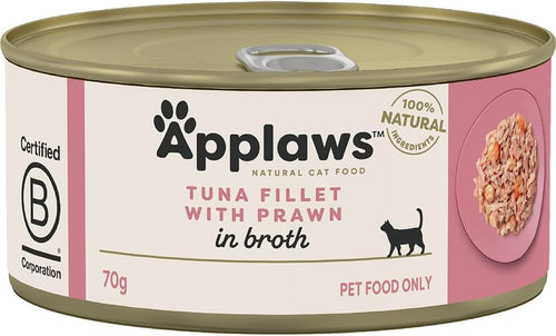 100% Natural Tuna Fillet & Prawn in Broth Wet Cat Food | Limited Ingredient Single Protein | 70g Tins | 24 Pack