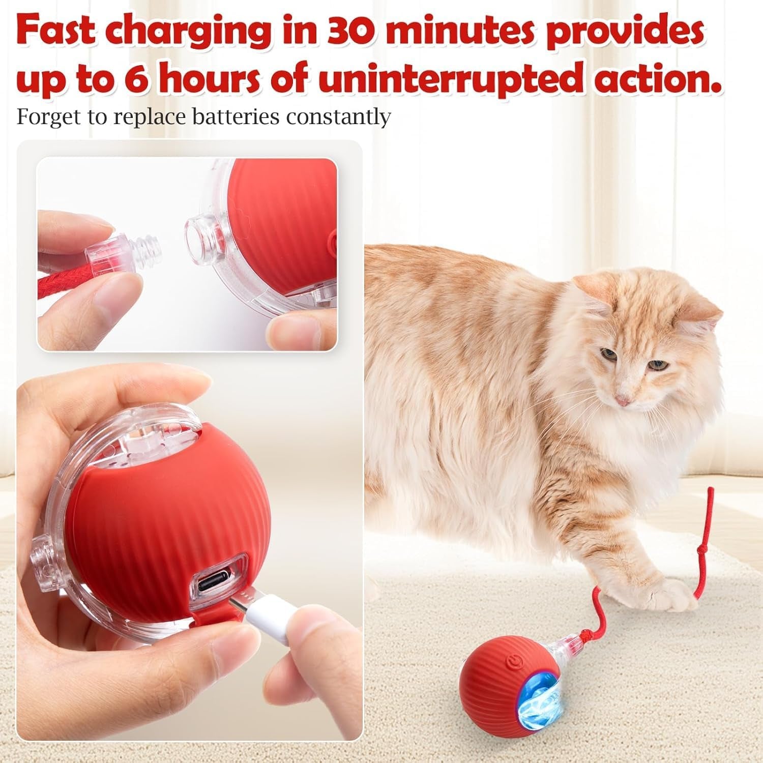 Interactive Electric Cat & Dog Toy Ball | Auto-Rolling Self-Moving Chase Teaser with Rope | USB Rechargeable | For Kittens, Cats & Puppies