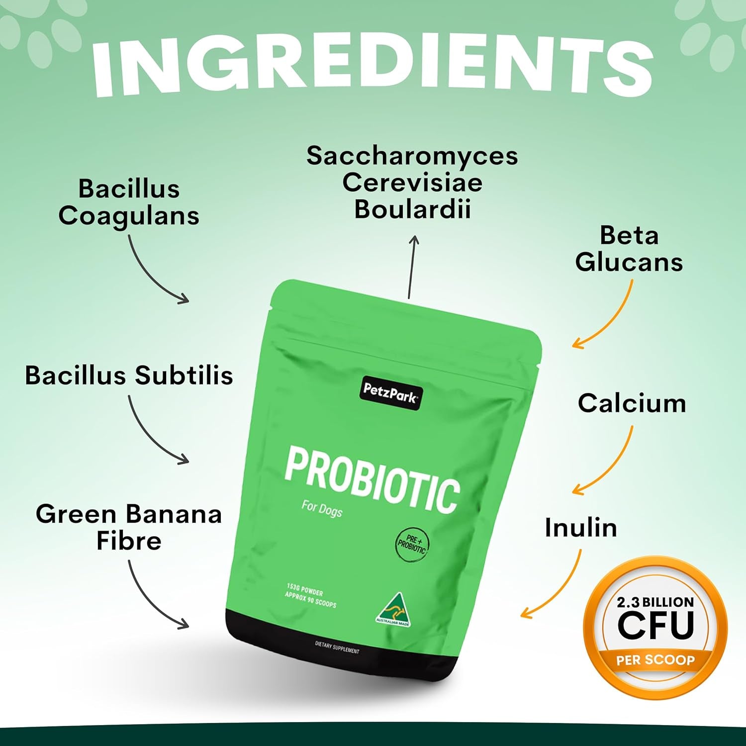 Australian Dog Probiotic Powder | Gut Health & Digestive Support Supplement | Paw Licking Relief | Dog Food Topper | 45 Scoops