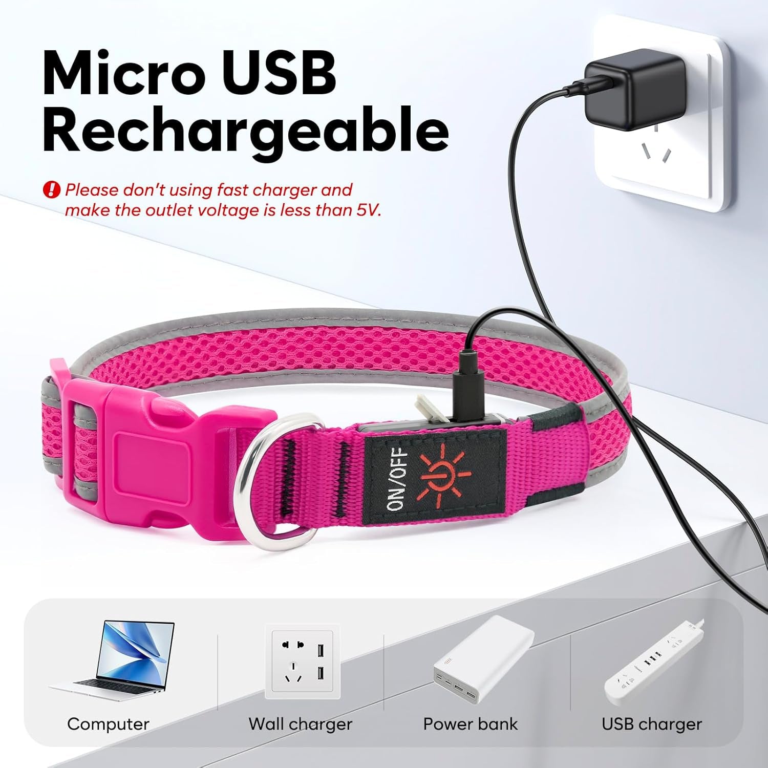 Higuard LED Light-Up Dog Collar | USB Rechargeable Glow Safety Collar | Nylon Webbing | Small, Medium & Large Dogs | 14"-20" (35.5-50.8cm) | Candy Pink