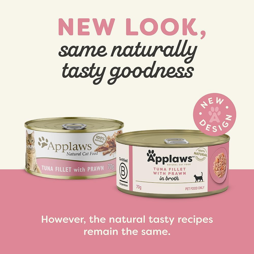 100% Natural Tuna Fillet & Prawn in Broth Wet Cat Food | Limited Ingredient Single Protein | 70g Tins | 24 Pack