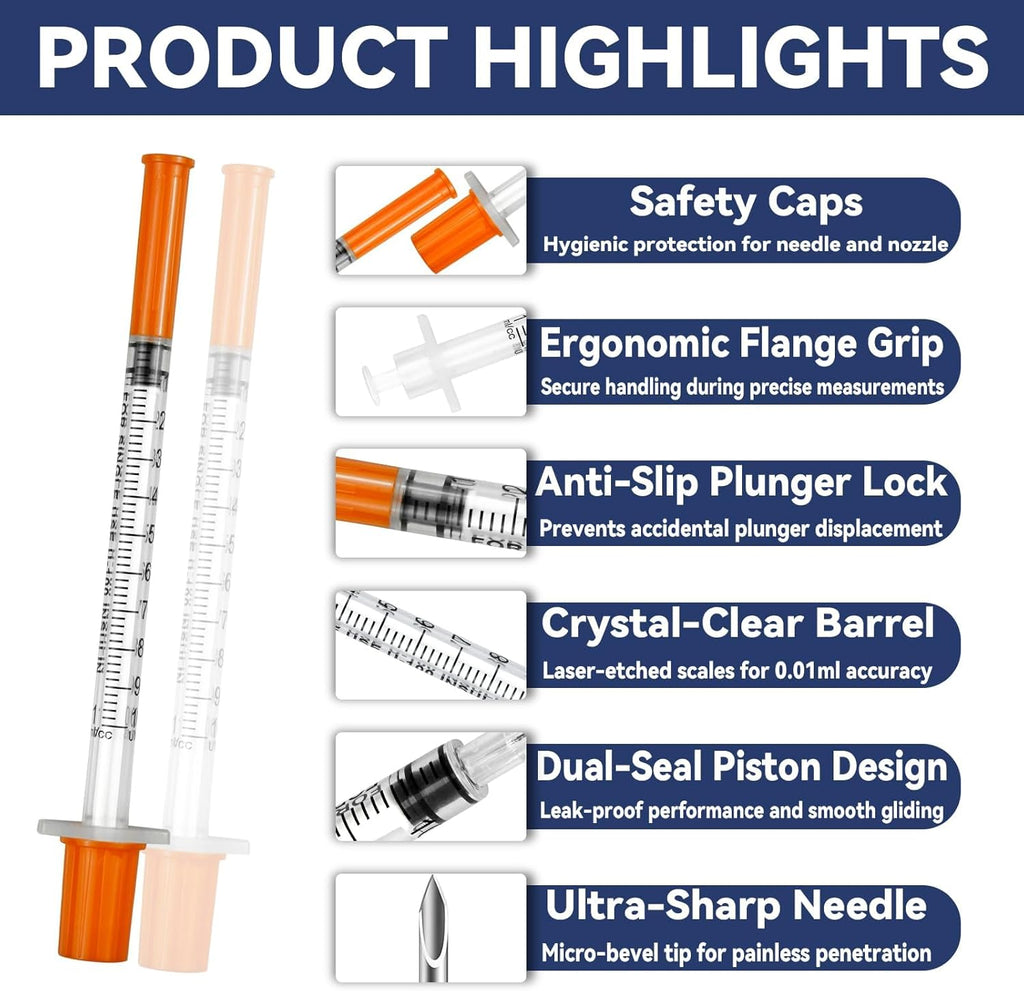 100-Pack 1ml Disposable Syringes with Needle | Individually Wrapped | For Pet Feeding, Oil, Ink & Glue Refilling | 30G 8mm Needle