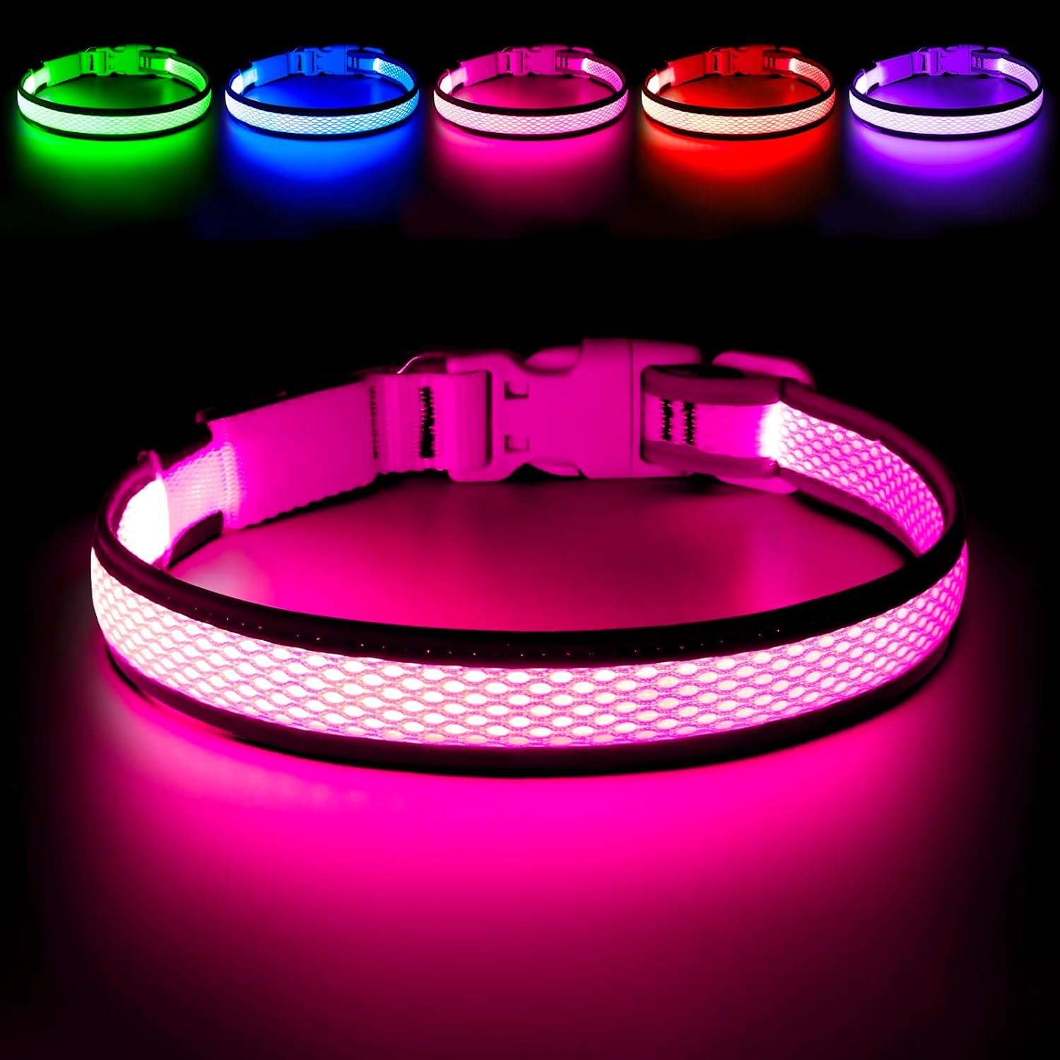 Higuard LED Light-Up Dog Collar | USB Rechargeable Glow Safety Collar | Nylon Webbing | Small, Medium & Large Dogs | 14"-20" (35.5-50.8cm) | Candy Pink