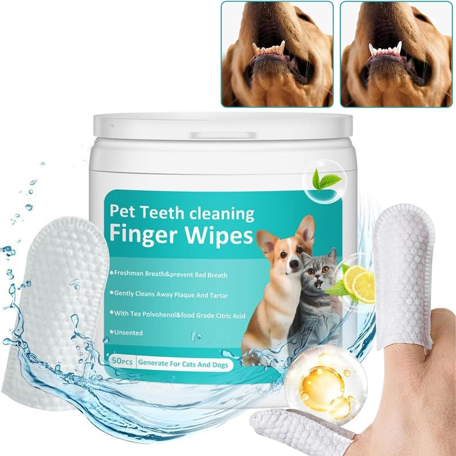 Pet Teeth Cleaning Finger Wipes | Plaque Removal & Fresh Breath | Gentle Gum Care | Disposable No-Rinse Dog & Cat Dental Wipes | 50 Count
