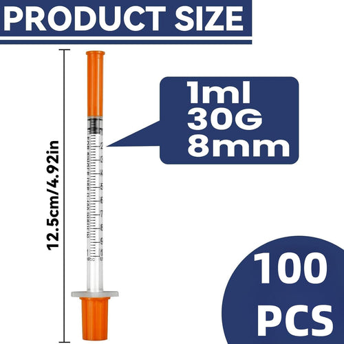 100-Pack 1ml Disposable Syringes with Needle | Individually Wrapped | For Pet Feeding, Oil, Ink & Glue Refilling | 30G 8mm Needle